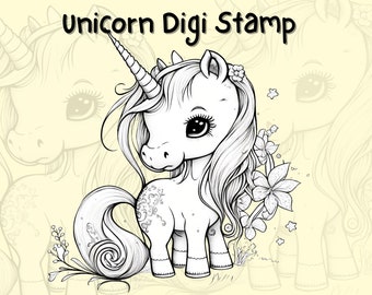 Digi Stamp Unicorn, Digi Stamp, Cute Unicorn, Procreate stamps, Digital stamps, Coloring, Unicorn, Unicorn Clipart, Unicorn PNG, Card Making