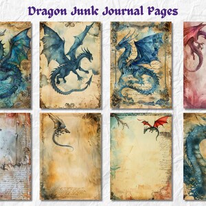 May include: Eight digital printable journal pages featuring watercolor illustrations of dragons in blue, red, and green hues on a vintage background. The pages are perfect for adding to your junk journal or using as scrapbook paper.