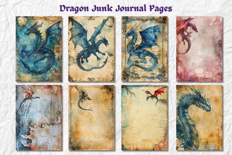 May include: Eight digital printable journal pages featuring watercolor illustrations of dragons in blue, red, and green hues on a vintage background. The pages are perfect for adding to your junk journal or using as scrapbook paper.