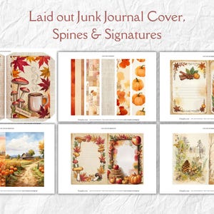Op de afbeelding: Een verzameling aquarel illustraties voor een junk journal, met herfstthema's. De afbeeldingen bevatten journal covers, ruggen en handtekeningen met pompoenen, paddenstoelen en herfstbladeren. Tekst: Laid out Junk Journal Cover, Spines & Signatures.