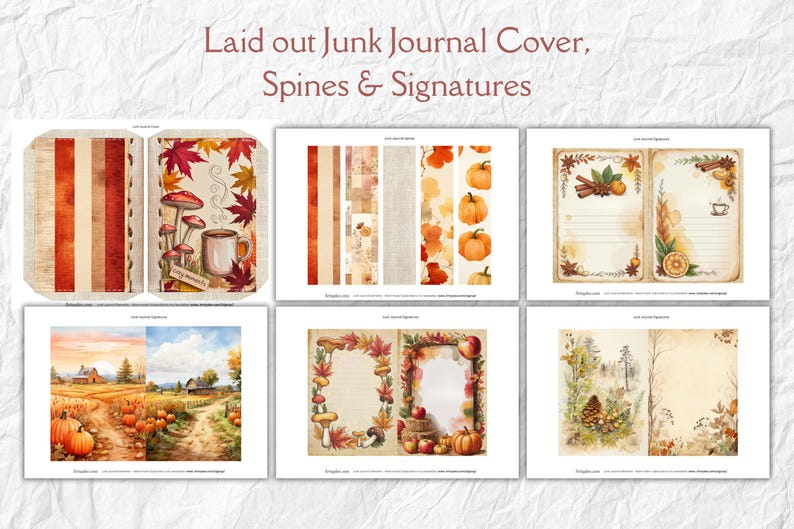 Op de afbeelding: Een verzameling aquarel illustraties voor een junk journal, met herfstthema's. De afbeeldingen bevatten journal covers, ruggen en handtekeningen met pompoenen, paddenstoelen en herfstbladeren. Tekst: Laid out Junk Journal Cover, Spines & Signatures.