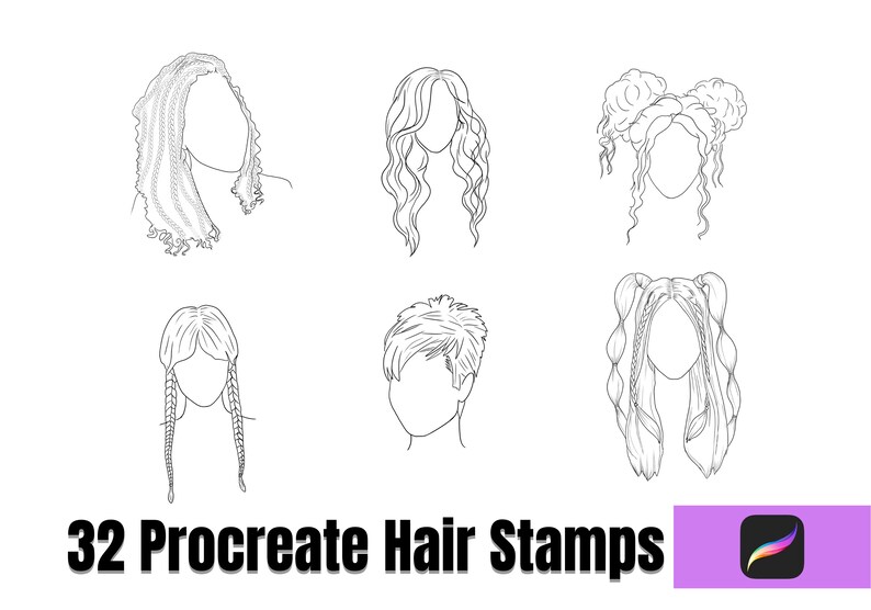 32 Procreate Hair Stamps, Procreate Hair Brushes, Procreate Wavy Hair, Procreate short hair styles & Long Hairstyles, Procreate Brushes Hair image 6