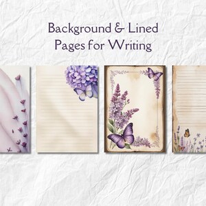Może przedstawiać: Cztery strony papieru listowego z motywami kwiatowymi i motylami. Strony zawierają akwarelowe ilustracje lawendy, hortensji i motyli. Tekst "Background & Lined Pages for Writing" znajduje się na g&oacute;rze.
