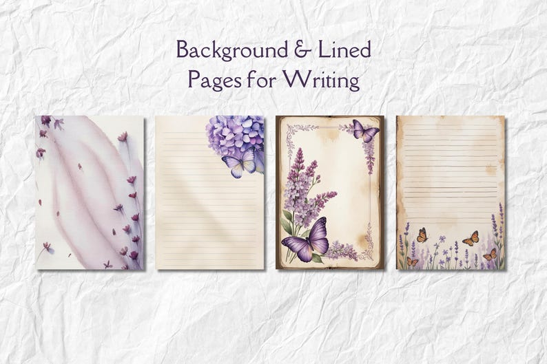 Może przedstawiać: Cztery strony papieru listowego z motywami kwiatowymi i motylami. Strony zawierają akwarelowe ilustracje lawendy, hortensji i motyli. Tekst "Background & Lined Pages for Writing" znajduje się na g&oacute;rze.