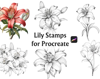 32 Lily Procreate Stamps, Floral Stamp Brush Set for Procreate, Lily Tattoo Flash & Botanical Digital Stamps