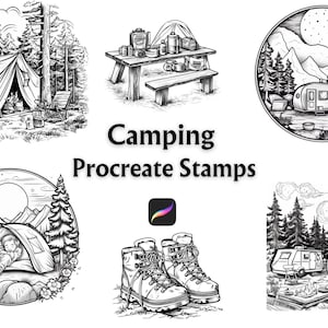 Procreate Camping Stamps, Procreate Mountains, Procreate Nature, Procreate Stamps, Camping, Camping Digital Stamps, Procreate Camp, Camping