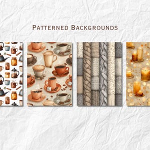 May include: Four patterned backgrounds with watercolor illustrations. The first features coffee pots, mugs, and jars. The second shows coffee cups and saucers. The third depicts a knitted pattern. The fourth shows lit candles. Text: Patterned Backgrounds.