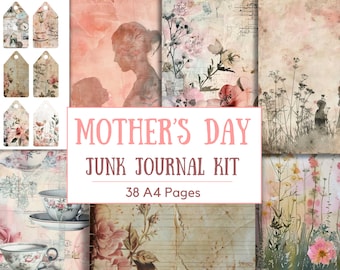 Pode incluir: Um kit de diário de lixo do Dia das Mães com ilustrações vintage. O kit inclui etiquetas, desenhos florais e imagens de mães e filhos. O texto "Mother's Day Junk Journal Kit" é exibido, junto com "38 A4 Pages."