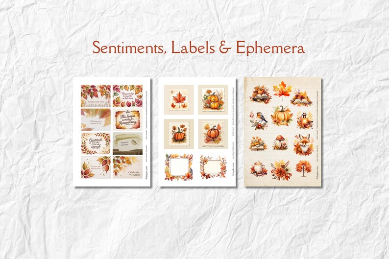 Op de afbeelding: Drie vellen herfst-thema ephemera met de tekst "Sentiments, Labels & Ephemera". De vellen bevatten aquarel illustraties van pompoenen, bladeren en kaders in warme kleuren. Sommige vellen bevatten tekst zoals "Gratitude".