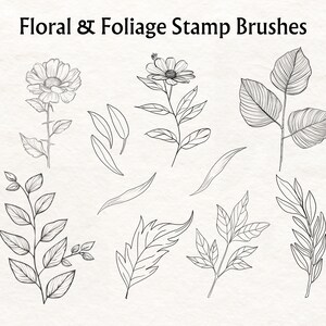 May include: A set of 10 black and white line art floral and foliage stamp brushes. The brushes feature various leaves, stems, and a single flower.
