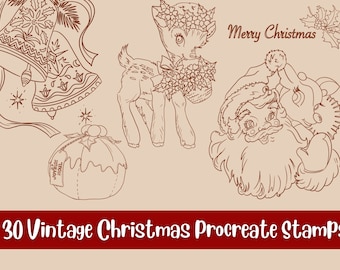 30 Vintage Procreate Stamps Christmas | Christmas stamps for procreate | procreate brushes | Christmas tree stamps | Procreate stamps