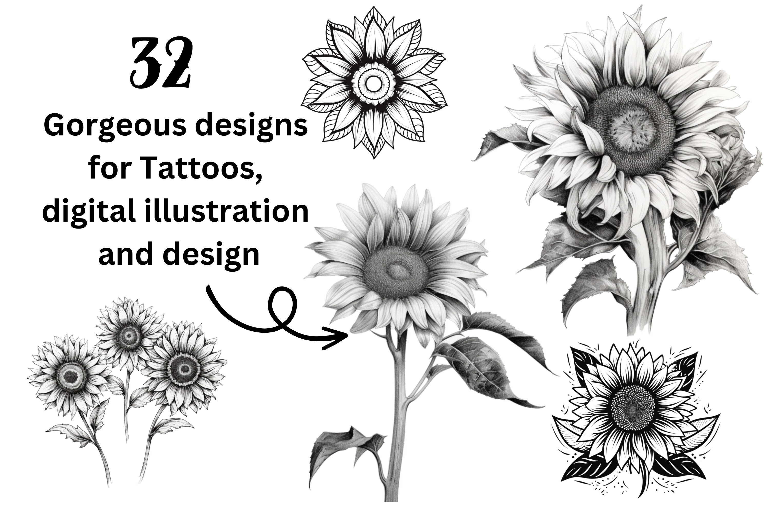 32 Sunflower Procreate Stamps, Procreate Tattoo Stamps, Sunflower ...