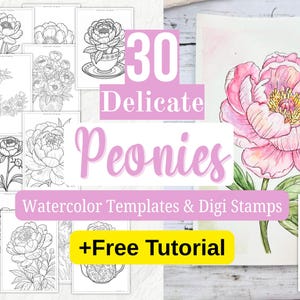 牡丹のデジスタンプ印刷可能、水彩画テンプレート、花のアウトライン、水彩画チュートリアル、Procreate PNG、初心者向け水彩画、牡丹