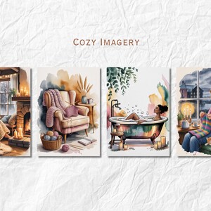 May include: Watercolor art prints with a cozy theme. The prints depict scenes of relaxation: a person reading by a fireplace, a person knitting, a person in a bathtub, and a cozy armchair with a blanket and knitting supplies. The text "COZY IMAGERY" is at the top.