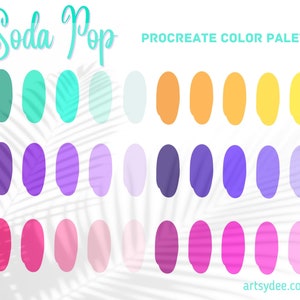 Può includere: Una tavolozza di colori digitale per Procreate, chiamata "Soda Pop", che presenta 18 campioni di colore in tonalità di turchese, acquamarina, lavanda, viola, rosa e giallo.