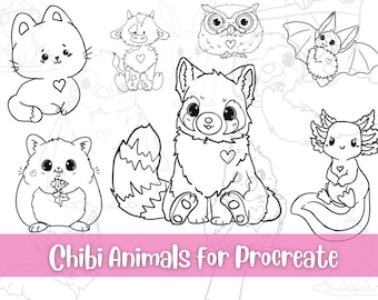 18 timbri Kawaii Chibi di animali per Procreate, set di pennelli con timbri di animali carini per iPad, timbri di animali Chibi per Procreate