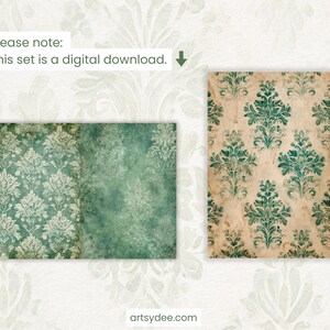 K&ouml;nnte beinhalten: Digitales Download-Set mit Damastmustern im Vintage-Stil in T&uuml;rkis und Creme. Die Muster werden auf gealterten Papierhintergr&uuml;nden angezeigt. Das Bild enth&auml;lt den Text: &bdquo;Bitte beachten: Dieses Set ist ein digitaler Download.&ldquo;