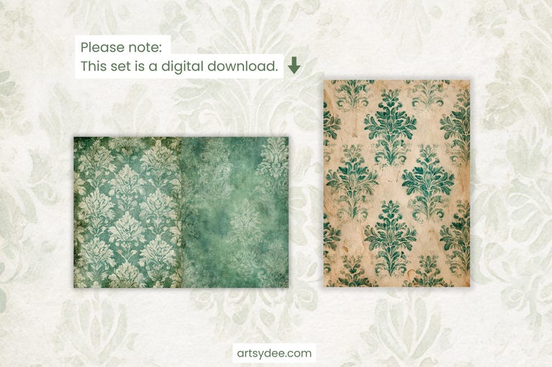 K&ouml;nnte beinhalten: Digitales Download-Set mit Damastmustern im Vintage-Stil in T&uuml;rkis und Creme. Die Muster werden auf gealterten Papierhintergr&uuml;nden angezeigt. Das Bild enth&auml;lt den Text: &bdquo;Bitte beachten: Dieses Set ist ein digitaler Download.&ldquo;