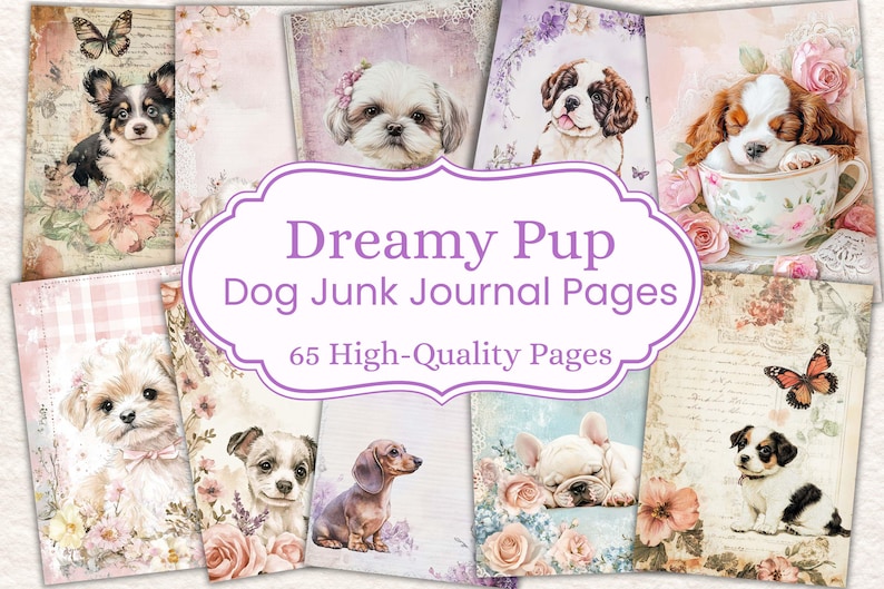 May include: A collection of "Dreamy Pup Dog Junk Journal Pages" featuring watercolor illustrations of various dog breeds. The pages are adorned with floral and butterfly accents, with the text "65 High-Quality Pages" displayed prominently.