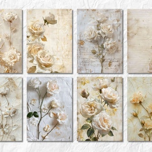 Puede incluir: Conjunto de ocho impresiones de arte imprimibles con rosas blancas sobre un fondo texturizado. Las impresiones tienen una est&eacute;tica vintage y quedar&iacute;an geniales en una casa de campo o de estilo shabby chic.