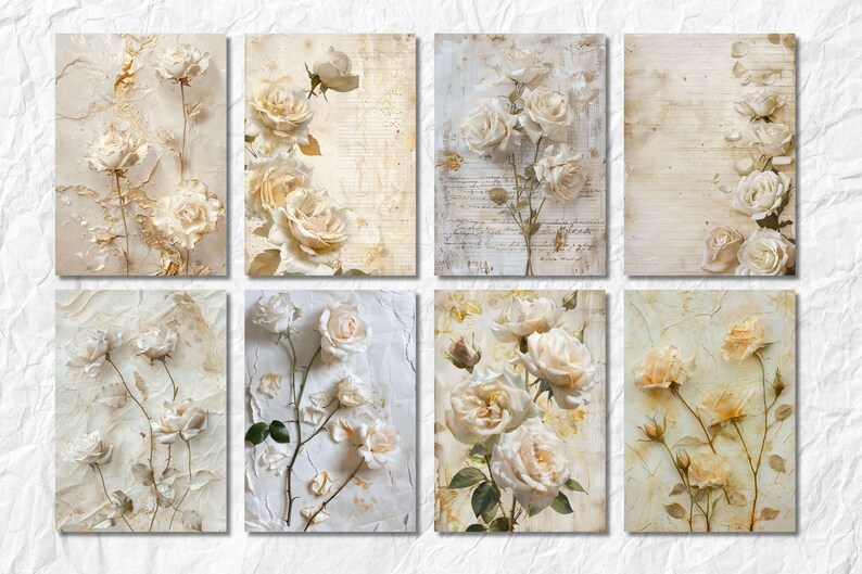 Puede incluir: Conjunto de ocho impresiones de arte imprimibles con rosas blancas sobre un fondo texturizado. Las impresiones tienen una est&eacute;tica vintage y quedar&iacute;an geniales en una casa de campo o de estilo shabby chic.