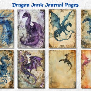 May include: Eight digital printable journal pages featuring watercolor illustrations of dragons with wings in shades of blue and purple on a vintage background with text.