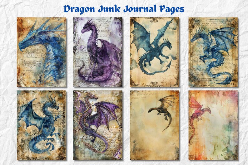 May include: Eight digital printable journal pages featuring watercolor illustrations of dragons with wings in shades of blue and purple on a vintage background with text.