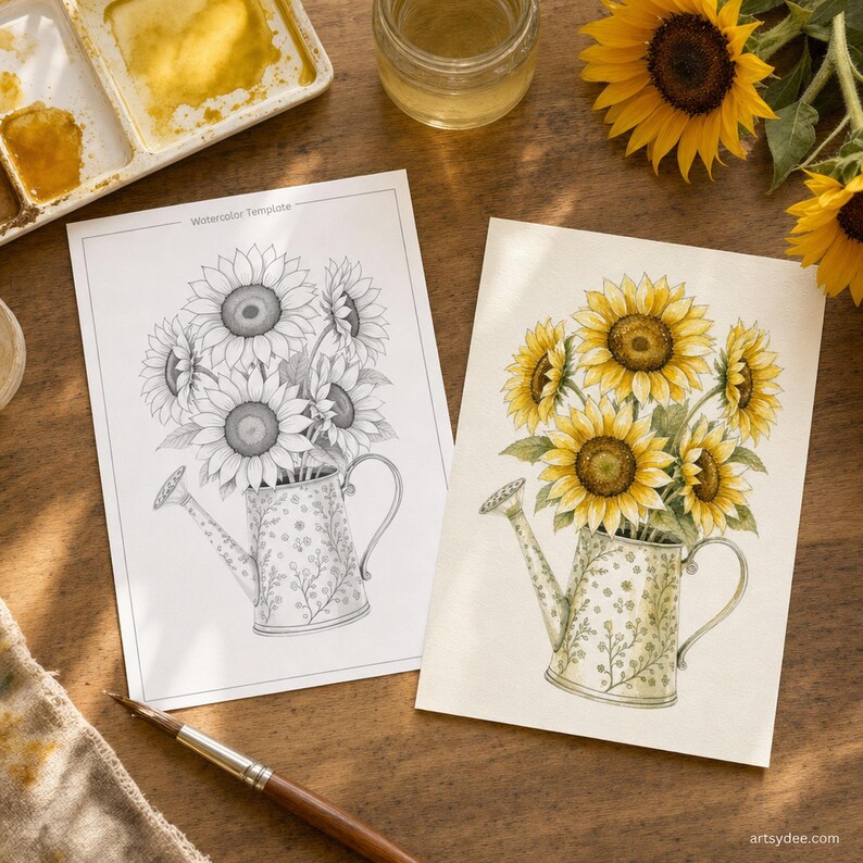 Come dipingere girasoli passo dopo passo / 25 modelli ad acquerello stampabili + video lezione gratuita / Schemi per principianti immagine 4