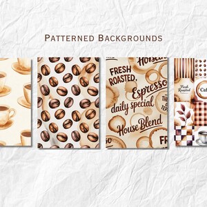 May include: Four watercolor patterned backgrounds featuring coffee themes. One shows coffee cups, another coffee beans, a third with coffee stains and text, and the last with coffee-related elements like cups and checkered patterns.