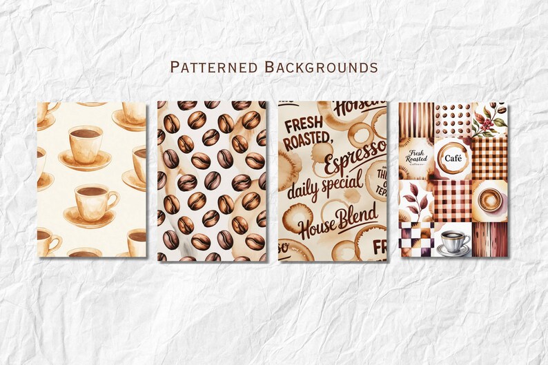 May include: Four watercolor patterned backgrounds featuring coffee themes. One shows coffee cups, another coffee beans, a third with coffee stains and text, and the last with coffee-related elements like cups and checkered patterns.