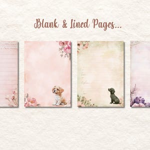 May include: Four stationery pages with floral accents and dog illustrations. The pages have a vintage aesthetic, with lined and blank options. The text "Blank & Lined Pages..." is at the top. The color palette includes pink, beige, and purple.