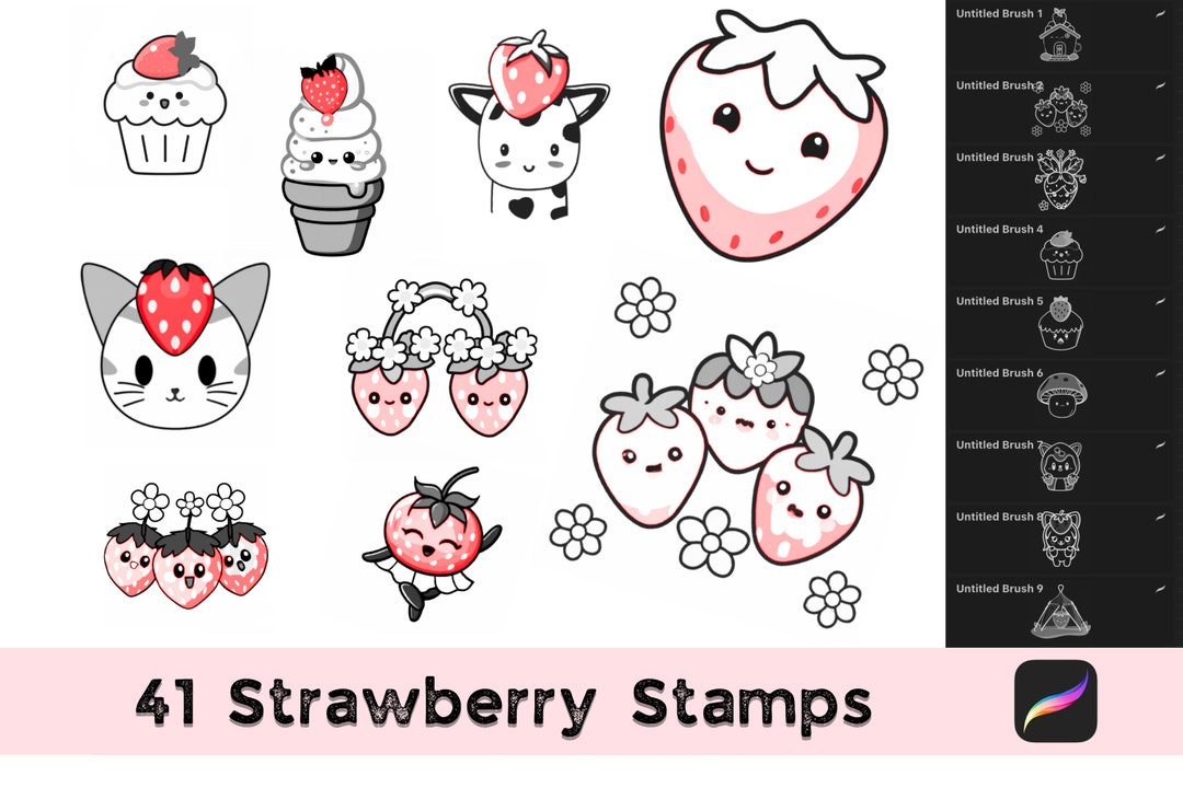 41 Cute Procreate Stamp, Strawberry, Cute Kawaii Stamps, Chibi Animals