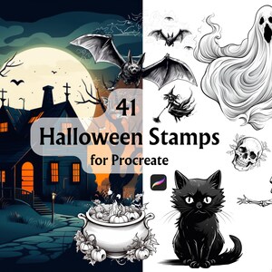 May include: A set of 41 Halloween themed stamps for Procreate, featuring a haunted house, a cauldron, a black cat, a ghost, a spider, a skeleton, and a witch.