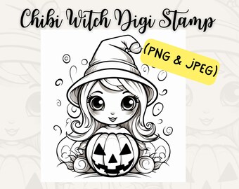 Chibi Digi Stamp, Chibi Witch, Halloween Chibi, Halloween Digi Stamp, Digi Stamps, Cute Witch PNG, Chibi Stamps, Coloring Page, Card Making,