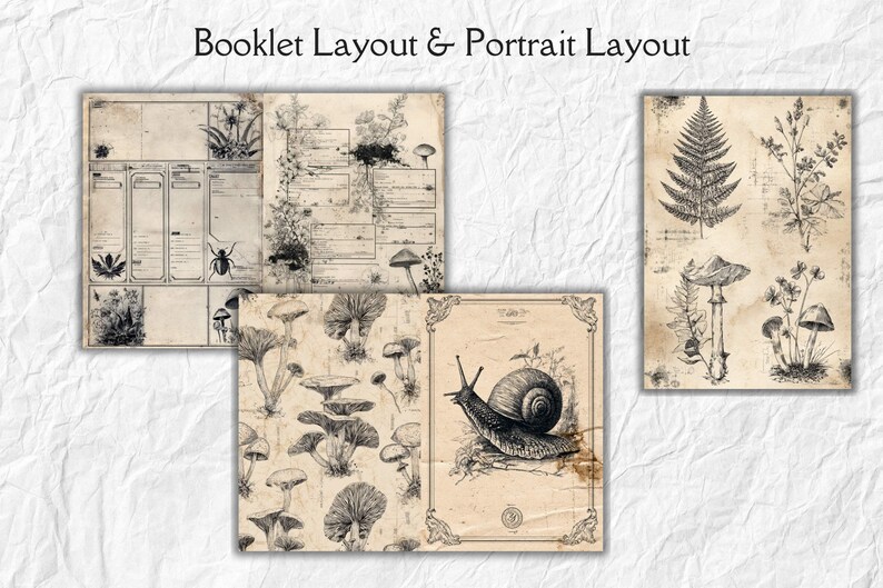 K&ouml;nnte beinhalten: Vintage-Stil botanische Illustrationen auf gealtertem Papier. Das Bild zeigt ein Booklet-Layout und ein Portrait-Layout mit detaillierten Zeichnungen von Pilzen, Farnen und einer Schnecke. Der Text "Booklet Layout & Portrait Layout" befindet sich oben.