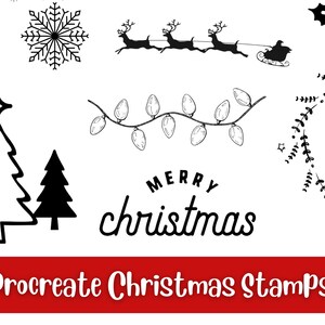 May include: A set of black and white Christmas-themed stamps for use with the Procreate app. The stamps include a Christmas tree, a snowflake, a reindeer, a holly sprig, a string of lights, and the text "Merry Christmas".
