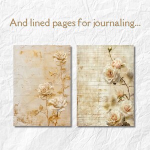 Puede incluir: Dos p&aacute;ginas de estilo vintage con un dise&ntilde;o floral. La p&aacute;gina de la izquierda tiene un fondo beige con un dise&ntilde;o de rosa descolorida. La p&aacute;gina de la derecha tiene un fondo rayado con un dise&ntilde;o de rosa descolorida. El texto "And lined pages for journaling..." est&aacute; en la parte superior de la imagen.