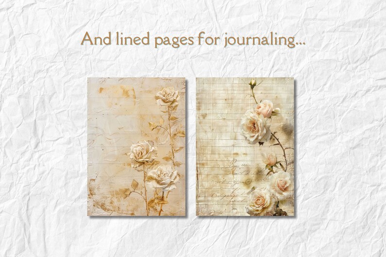 Puede incluir: Dos p&aacute;ginas de estilo vintage con un dise&ntilde;o floral. La p&aacute;gina de la izquierda tiene un fondo beige con un dise&ntilde;o de rosa descolorida. La p&aacute;gina de la derecha tiene un fondo rayado con un dise&ntilde;o de rosa descolorida. El texto "And lined pages for journaling..." est&aacute; en la parte superior de la imagen.