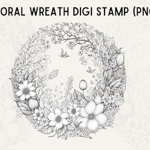 Fundo de carimbo Digi de guirlanda floral, carimbo Digi de primavera, carimbo Procreate, fundo Procreate, carimbo digital, PNG, criação de cartão, página para colorir,