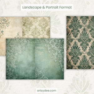 K&ouml;nnte beinhalten: Eine Sammlung digitaler Papiere im Vintage-Stil in Quer- und Hochformat. Die Papiere zeigen Damastmuster und strukturierte Hintergr&uuml;nde in Gr&uuml;n-, Beige- und Blaut&ouml;nen. Der Text "Landscape & Portrait Format" ist sichtbar.