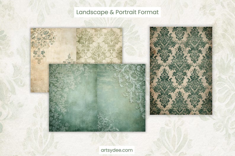 K&ouml;nnte beinhalten: Eine Sammlung digitaler Papiere im Vintage-Stil in Quer- und Hochformat. Die Papiere zeigen Damastmuster und strukturierte Hintergr&uuml;nde in Gr&uuml;n-, Beige- und Blaut&ouml;nen. Der Text "Landscape & Portrait Format" ist sichtbar.