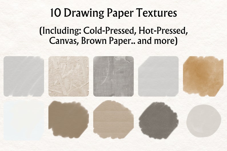 May include: Ten different drawing paper textures, including cold-pressed, hot-pressed, canvas, and brown paper.