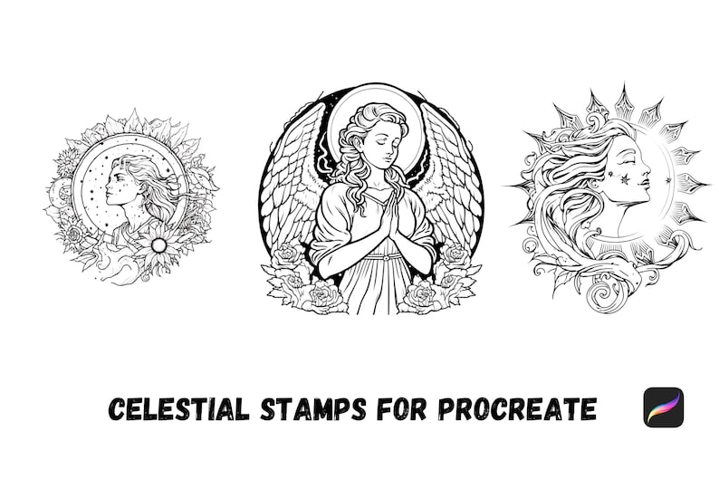 Peut inclure: Trois illustrations en noir et blanc de figures c&eacute;lestes. La premi&egrave;re illustration est une femme avec des ailes et une aur&eacute;ole, la deuxi&egrave;me est une femme avec une aur&eacute;ole et des fleurs, et la troisi&egrave;me est une femme avec une aur&eacute;ole et un soleil.