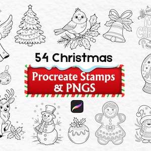 May include: Black and white illustrations of Christmas-themed elements, including an angel, Christmas tree, bird, bell, gift, ornament, reindeer, snowman, snow globe, gingerbread person, and gnomes. Text reads "54 Christmas Procreate Stamps & PNGs."
