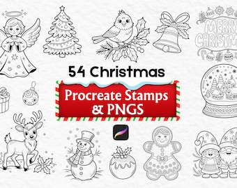 54 Christmas Procreate Stamps and PNGs, Festive Line Art Clipart for Stickers, Cards & Digital Art, Procreate Brush Set for iPad, Procreate