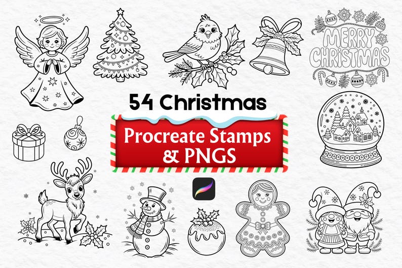 May include: Black and white illustrations of Christmas-themed elements, including an angel, Christmas tree, bird, bell, gift, ornament, reindeer, snowman, snow globe, gingerbread person, and gnomes. Text reads "54 Christmas Procreate Stamps & PNGs."