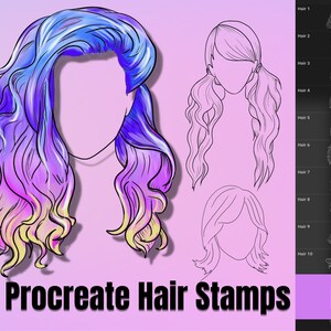 May include: A set of 32 Procreate hair stamps featuring various hairstyles, including long, short, curly, and straight styles. The stamps are designed for use in digital art and illustration.