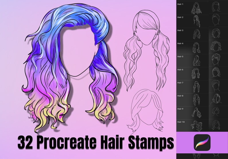 May include: A set of 32 Procreate hair stamps featuring various hairstyles, including long, short, curly, and straight styles. The stamps are designed for use in digital art and illustration.