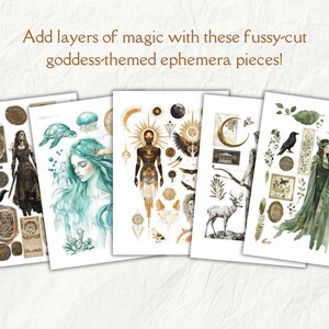 May include: Five digital printable sheets of goddess-themed ephemera with illustrations of a woman with long flowing hair, a woman with a crown, a woman with a bird, a woman with a turtle, and a woman with a sun. The illustrations are in a watercolor style and are surrounded by various symbols and designs.
