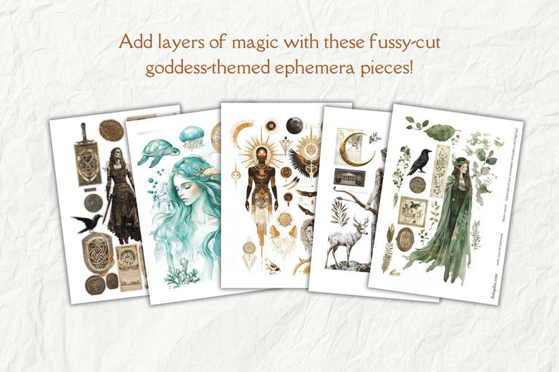 May include: Five digital printable sheets of goddess-themed ephemera with illustrations of a woman with long flowing hair, a woman with a crown, a woman with a bird, a woman with a turtle, and a woman with a sun. The illustrations are in a watercolor style and are surrounded by various symbols and designs.